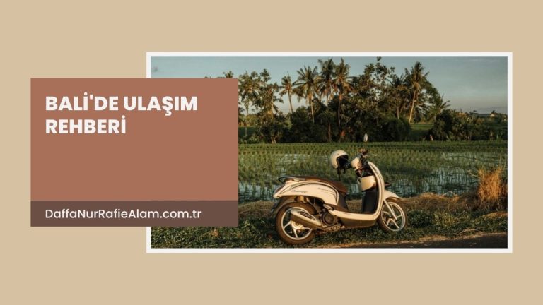 Bali'de ulaşım rehberi kapak görseli: pirinç tarlası kenarında park edilmiş scooter